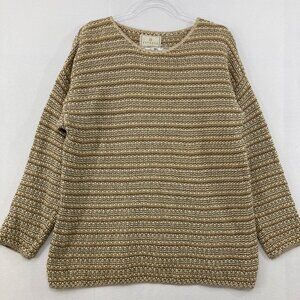Vintage Express Tricot Large Crew Neck Tan Brown Striped Boho Sweater